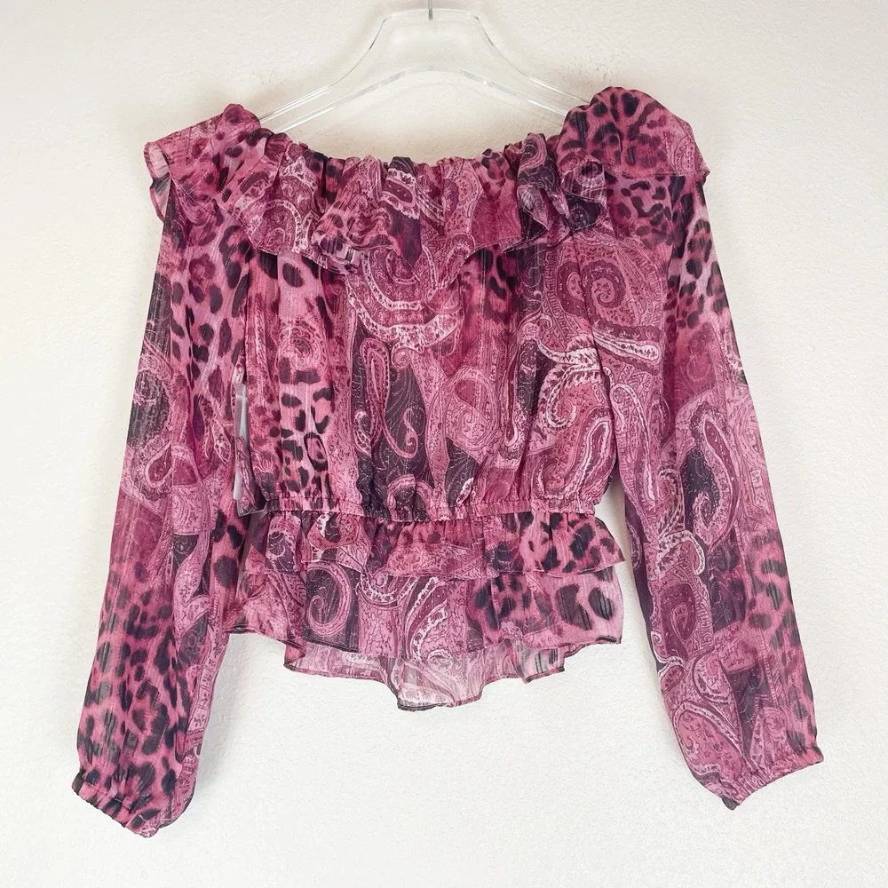 Guess Top Womens XS Lucy Ruffle Off Shoulder Blouse Paisly Animal Print Glam New